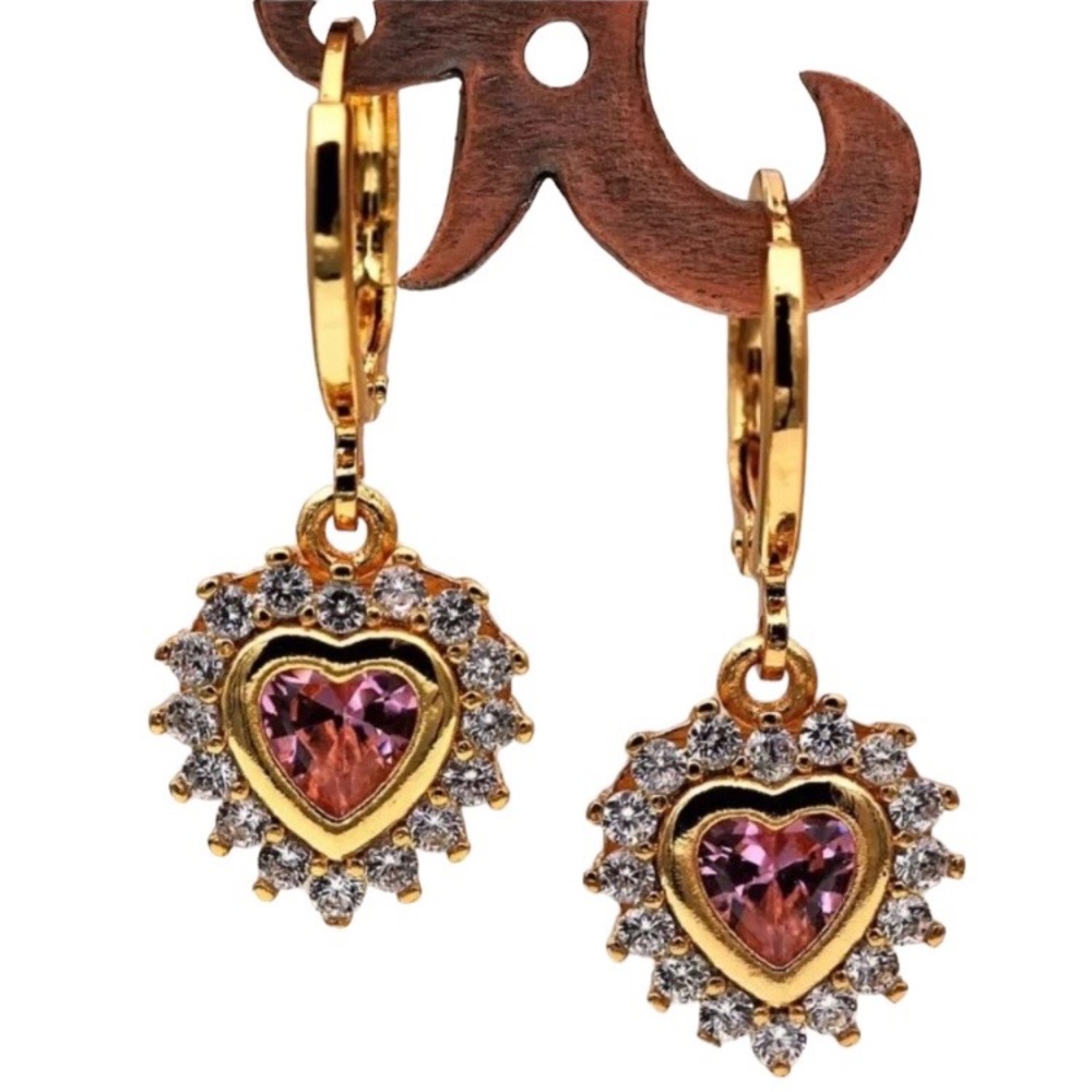 Pink Heart Love Gold Toned Leverback Earrings - Picture 1 of 1